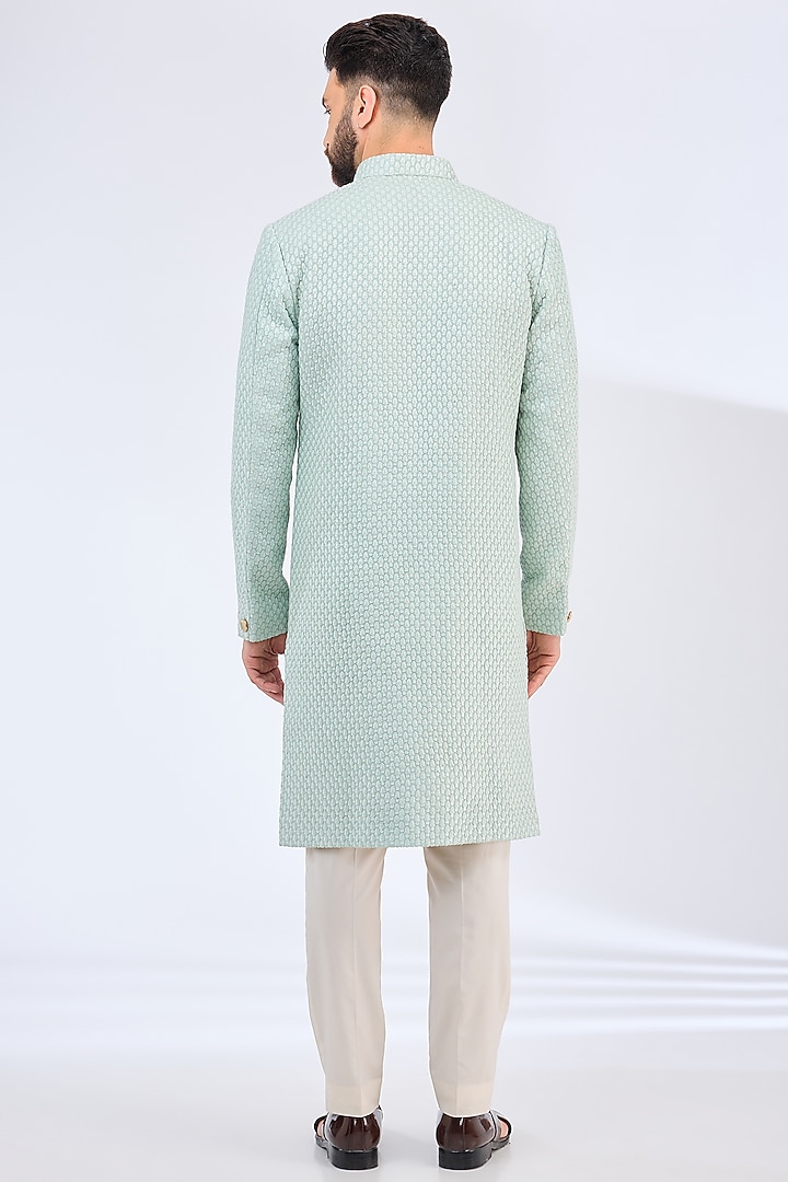 Sea Green Silk Threadwork Wedding Sherwani by Kasbah Clothing at Pernia's Pop Up Shop