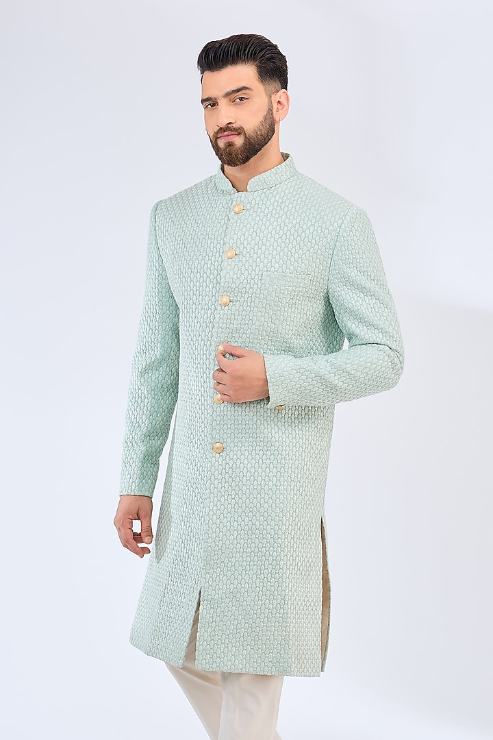 Sea Green Silk Threadwork Wedding Sherwani by Kasbah Clothing at Pernia's Pop Up Shop