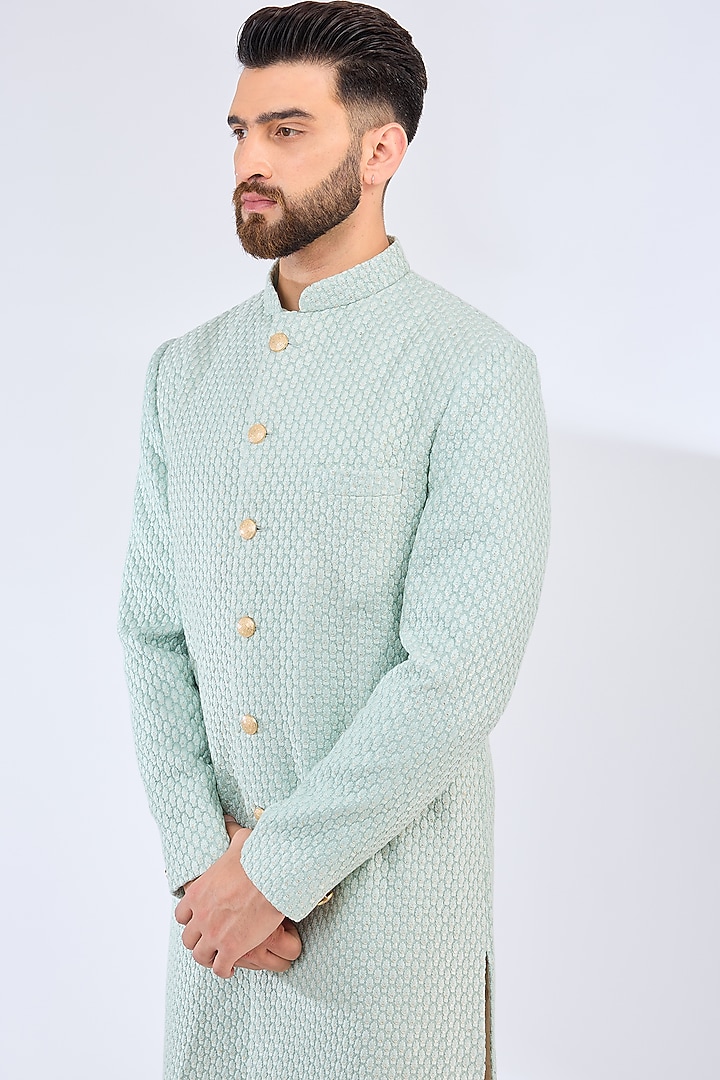 Sea Green Silk Threadwork Wedding Sherwani by Kasbah Clothing at Pernia's Pop Up Shop