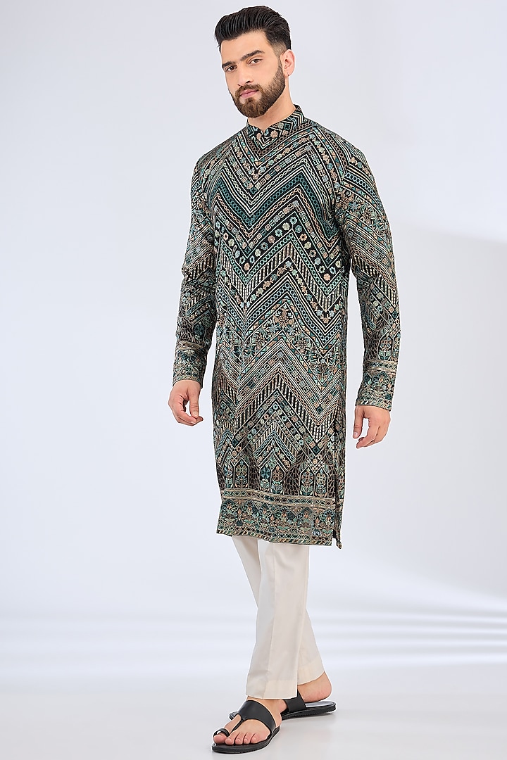 Black Georgette Flora & Fauna Embroidered Kurta by Kasbah Clothing at Pernia's Pop Up Shop