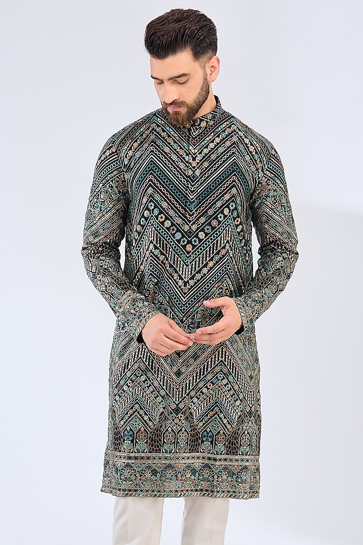 Black Georgette Flora & Fauna Embroidered Kurta by Kasbah Clothing at Pernia's Pop Up Shop
