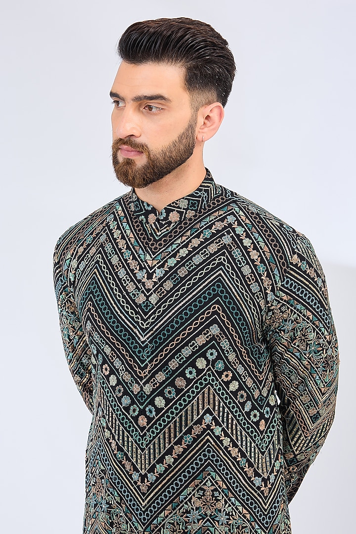 Black Georgette Flora & Fauna Embroidered Kurta by Kasbah Clothing at Pernia's Pop Up Shop