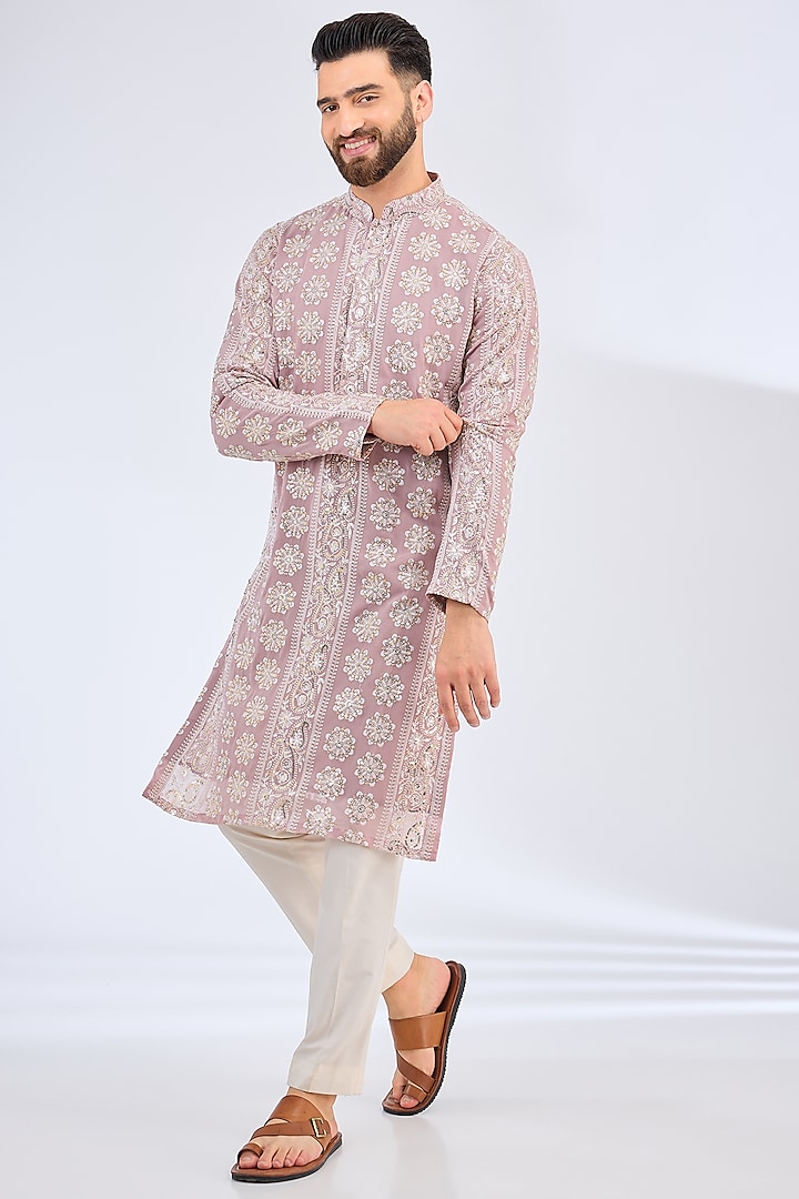 Purple Georgette Paisley Embroidered Chikankari Kurta by Kasbah Clothing at Pernia's Pop Up Shop