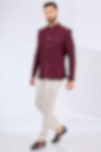 Wine-Maroon Silk Threadwork Chikankari Bandhgala by Kasbah Clothing at Pernia's Pop Up Shop