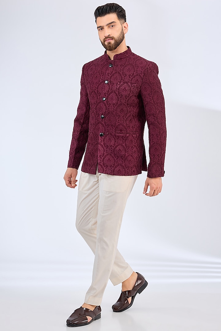 Wine-Maroon Silk Threadwork Chikankari Bandhgala by Kasbah Clothing at Pernia's Pop Up Shop