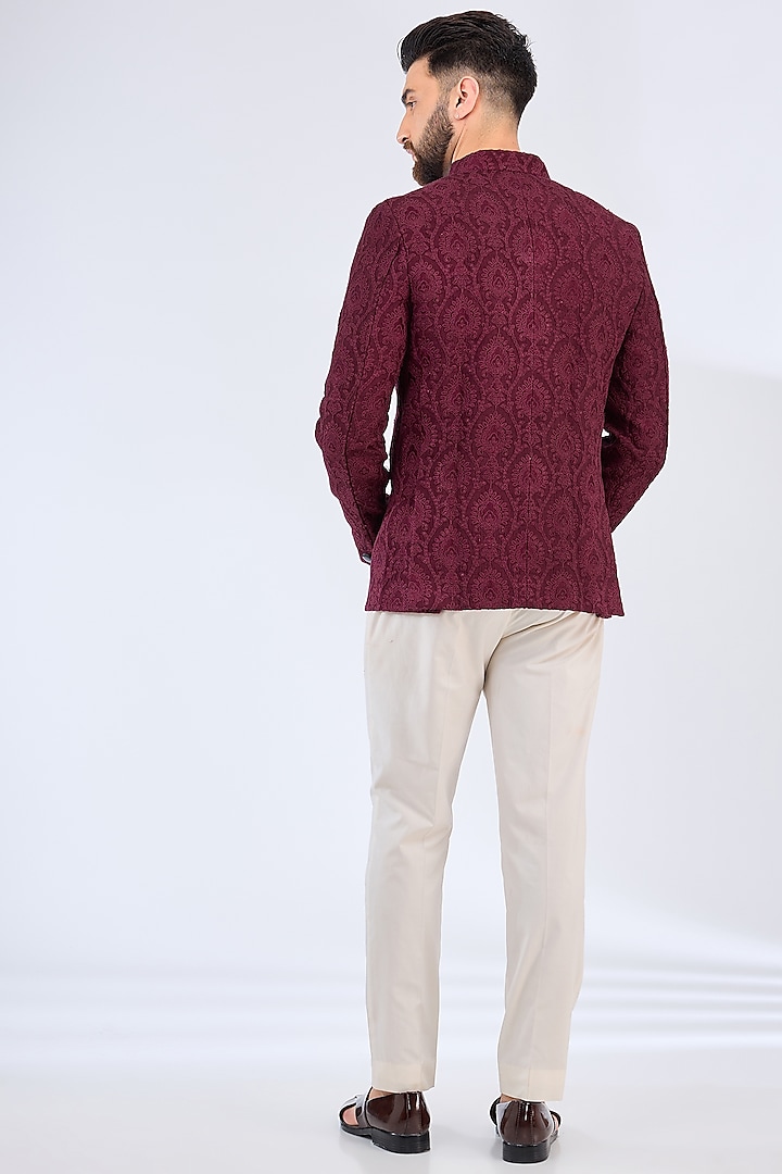 Wine-Maroon Silk Threadwork Chikankari Wedding Bandhgala by Kasbah Clothing at Pernia's Pop Up Shop