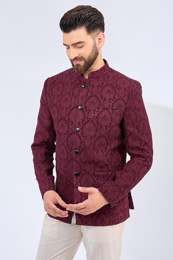 Wine-Maroon Silk Threadwork Chikankari Wedding Bandhgala by Kasbah Clothing at Pernia's Pop Up Shop