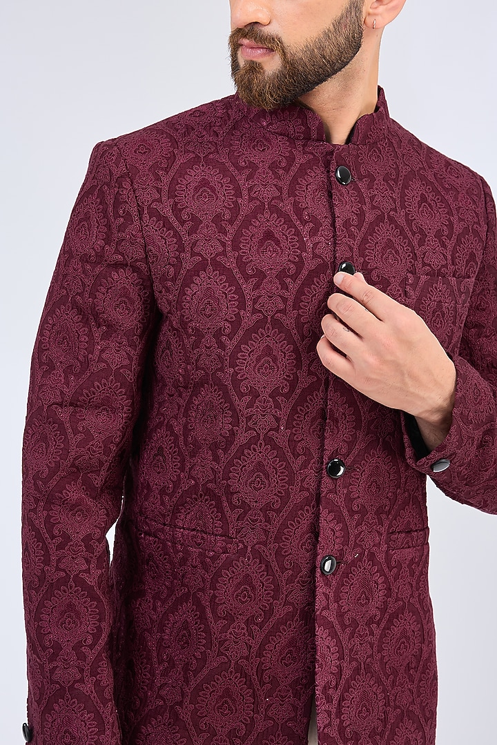 Wine-Maroon Silk Threadwork Chikankari Wedding Bandhgala by Kasbah Clothing at Pernia's Pop Up Shop