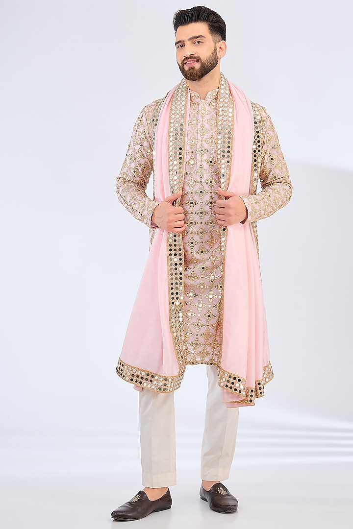 Pink Georgette Zari Work Kurta With Stole by Kasbah Clothing