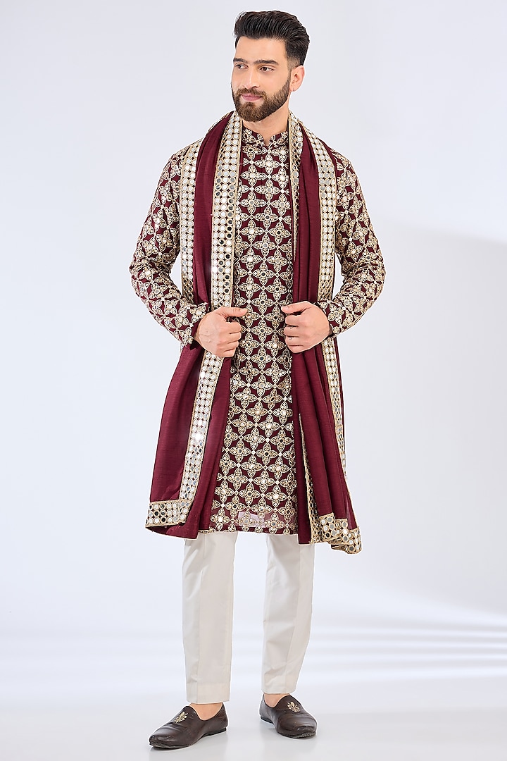 Maroon Georgette Zari Work Kurta With Stole by Kasbah Clothing