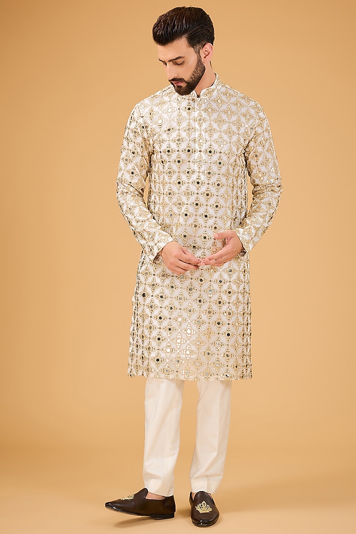 White Georgette Zari Embroidered Kurta by Kasbah Clothing at Pernia's Pop Up Shop