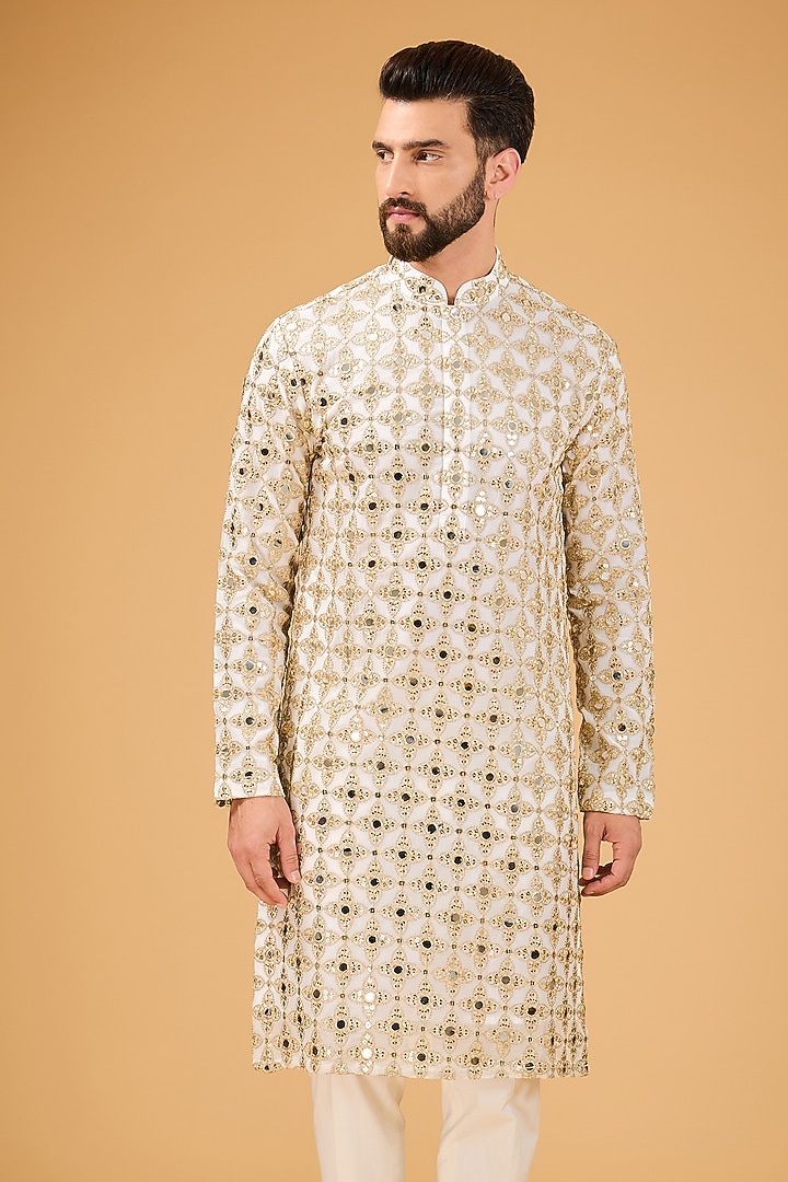 White Georgette Zari Embroidered Kurta by Kasbah Clothing at Pernia's Pop Up Shop