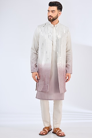 Mauve Silk Mirror Work Long Jacket by Kasbah Clothing