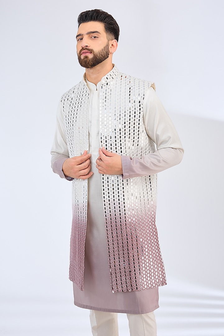 Mauve Silk Mirror Work Long Jacket by Kasbah Clothing at Pernia's Pop Up Shop