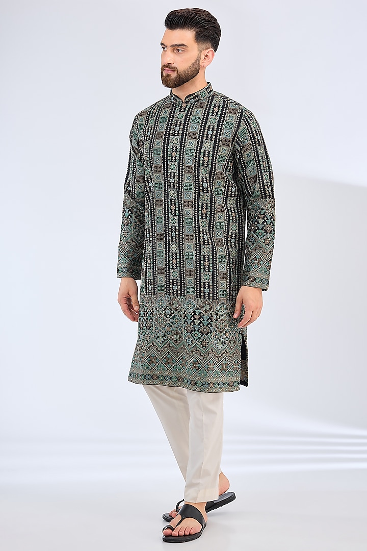 Black Georgette Kashmiri Embroidered Chikankari Kurta by Kasbah Clothing at Pernia's Pop Up Shop