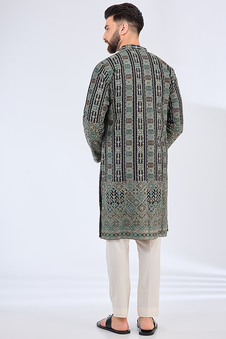 Black Georgette Kashmiri Embroidered Chikankari Kurta by Kasbah Clothing at Pernia's Pop Up Shop