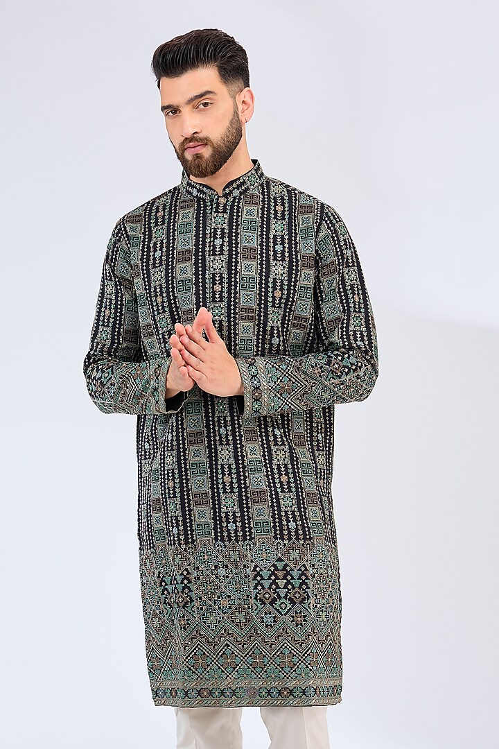 Black Georgette Kashmiri Embroidered Chikankari Kurta by Kasbah Clothing at Pernia's Pop Up Shop