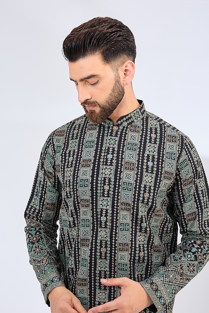 Black Georgette Kashmiri Embroidered Chikankari Kurta by Kasbah Clothing at Pernia's Pop Up Shop