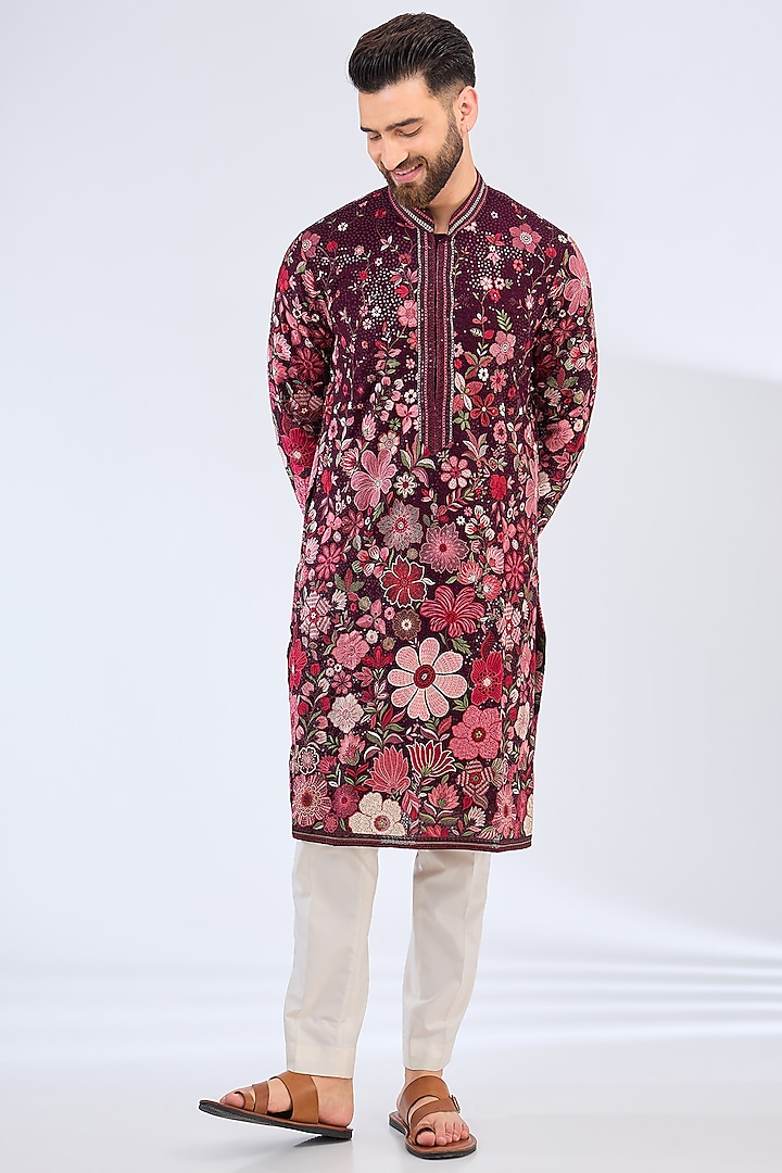 Wine Georgette Floral Work Kurta by Kasbah Clothing at Pernia's Pop Up Shop