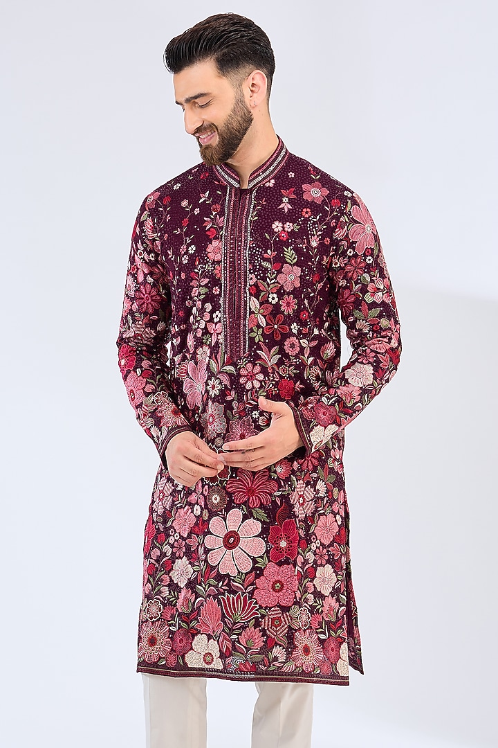 Wine Georgette Floral Work Kurta by Kasbah Clothing at Pernia's Pop Up Shop