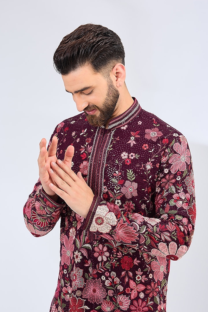 Wine Georgette Floral Work Kurta by Kasbah Clothing at Pernia's Pop Up Shop