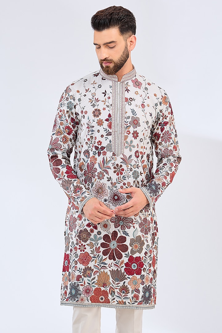 Cream Georgette Floral Work Kurta by Kasbah Clothing at Pernia's Pop Up Shop