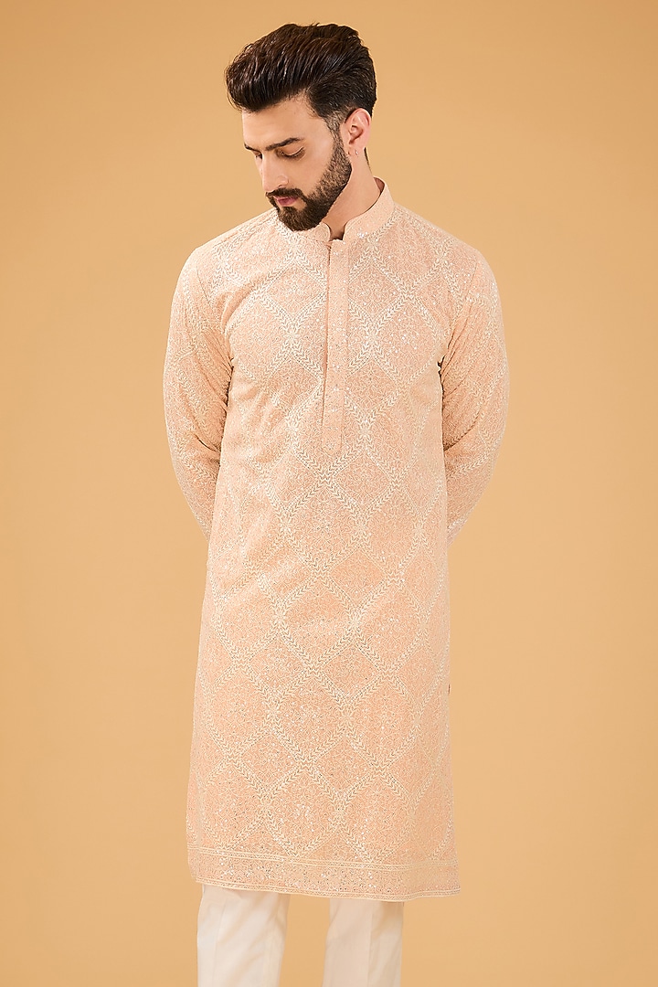 Vintage Pink Chikankari Georgette Sequins Embroidered Kurta by Kasbah Clothing at Pernia's Pop Up Shop