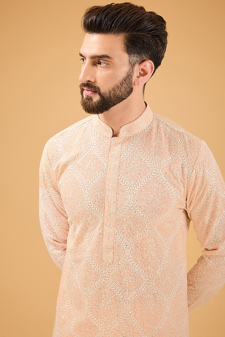Vintage Pink Chikankari Georgette Sequins Embroidered Kurta by Kasbah Clothing at Pernia's Pop Up Shop