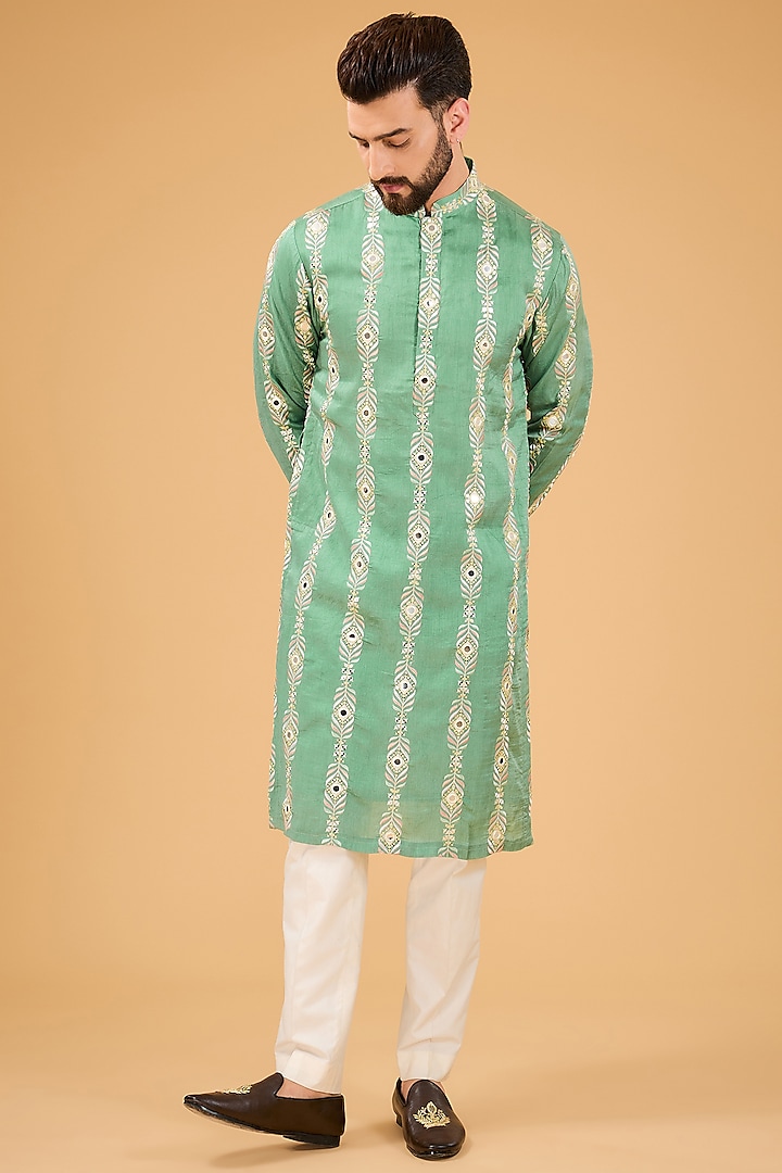 Sage Green Silk Mirror Work Kurta by Kasbah Clothing