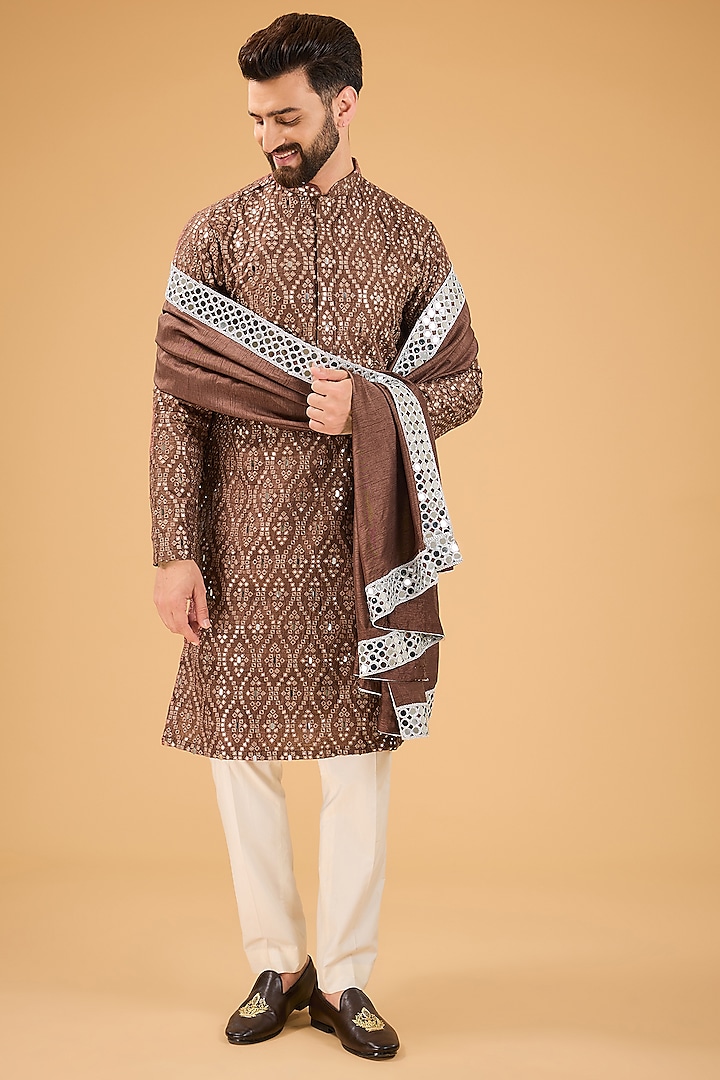 Mauve Taupe Silk Thread Embroidered Kurta With Stole by Kasbah Clothing