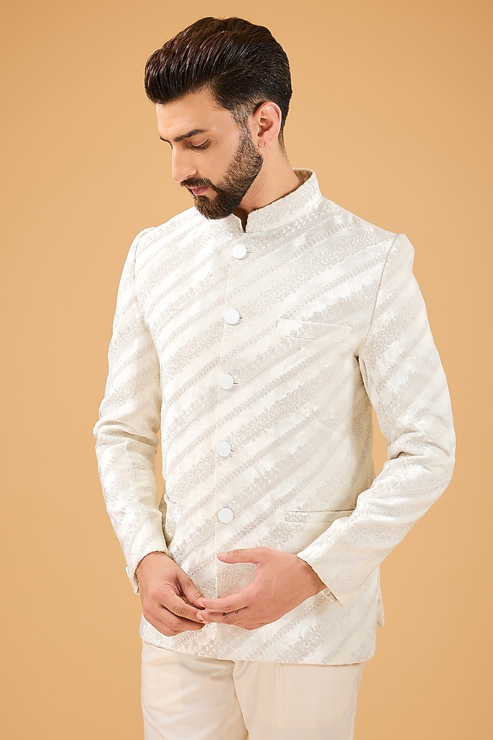 Ivory Velvet Dori Embroidered Wedding Bandhgala by Kasbah Clothing at Pernia's Pop Up Shop
