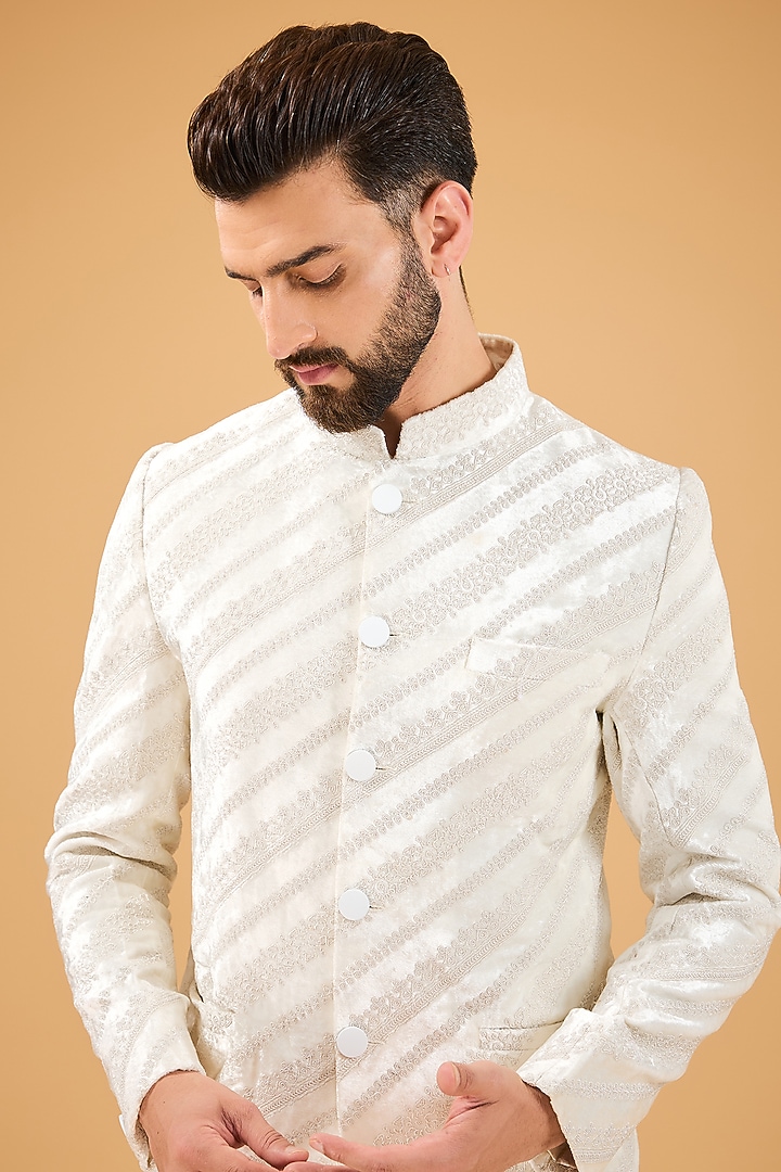 Ivory Velvet Dori Embroidered Wedding Bandhgala by Kasbah Clothing at Pernia's Pop Up Shop
