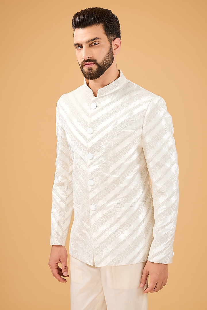 Ivory Velvet Dori Embroidered Wedding Bandhgala by Kasbah Clothing at Pernia's Pop Up Shop