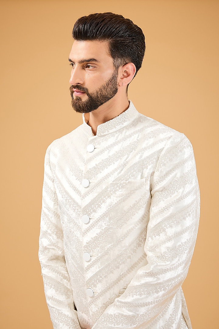 Ivory Velvet Dori Embroidered Wedding Bandhgala by Kasbah Clothing at Pernia's Pop Up Shop