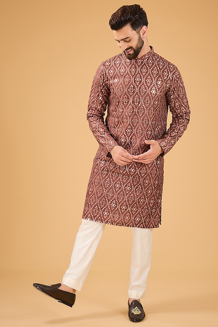 Mauve Taupe Silk Mirror Embellished Kurta by Kasbah Clothing