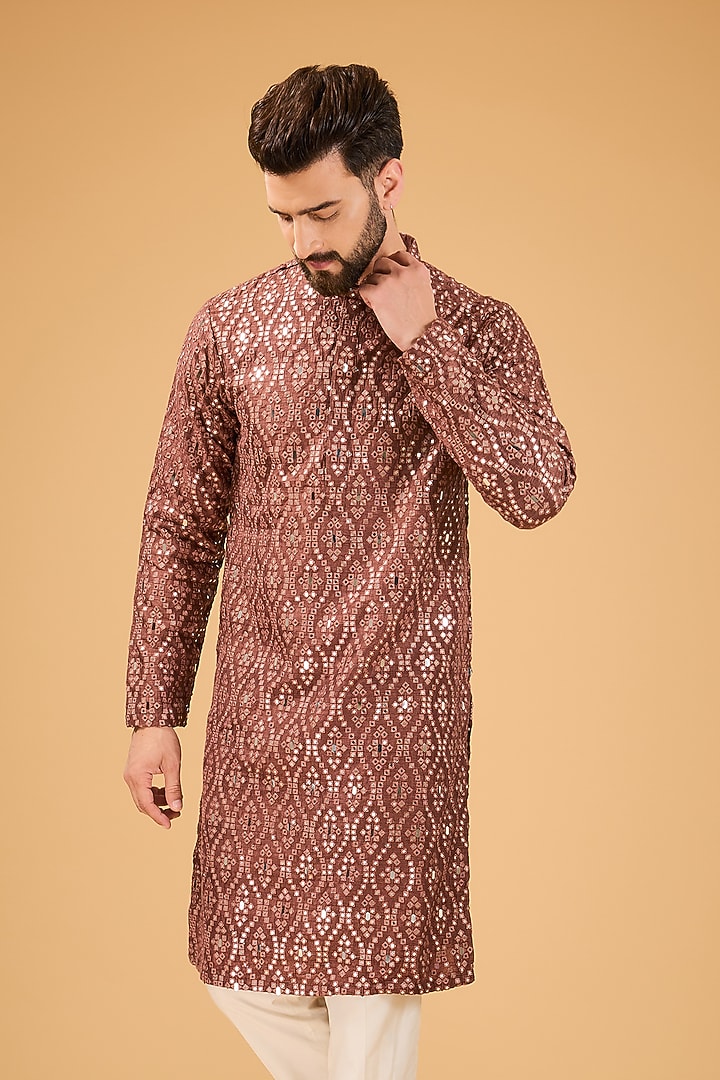 Mauve Taupe Silk Mirror Embellished Kurta by Kasbah Clothing at Pernia's Pop Up Shop