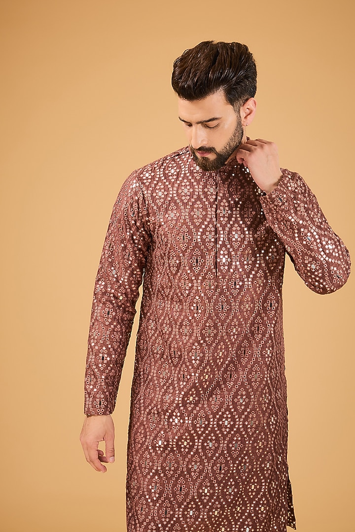 Mauve Taupe Silk Mirror Embellished Kurta by Kasbah Clothing at Pernia's Pop Up Shop