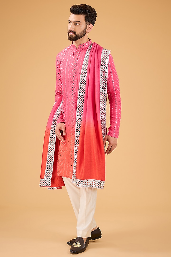 Pink Silk Ombre Kurta With Stole by Kasbah Clothing at Pernia's Pop Up Shop