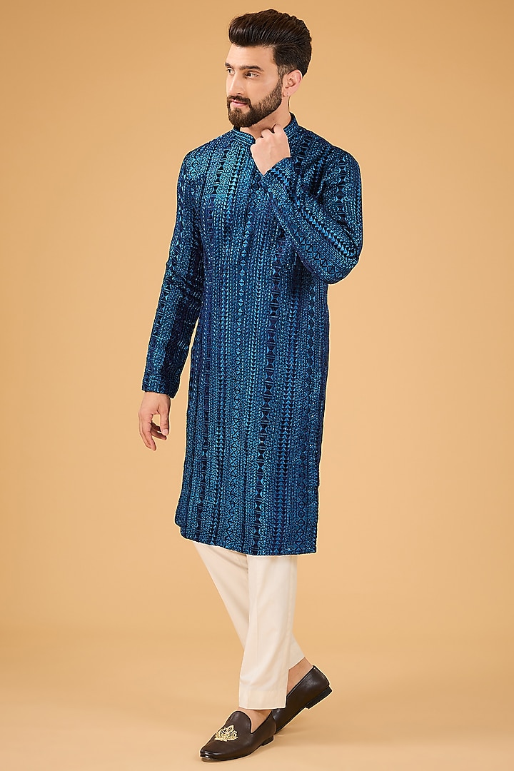 Blue Velvet Metallic Threadwork Kurta by Kasbah Clothing at Pernia's Pop Up Shop