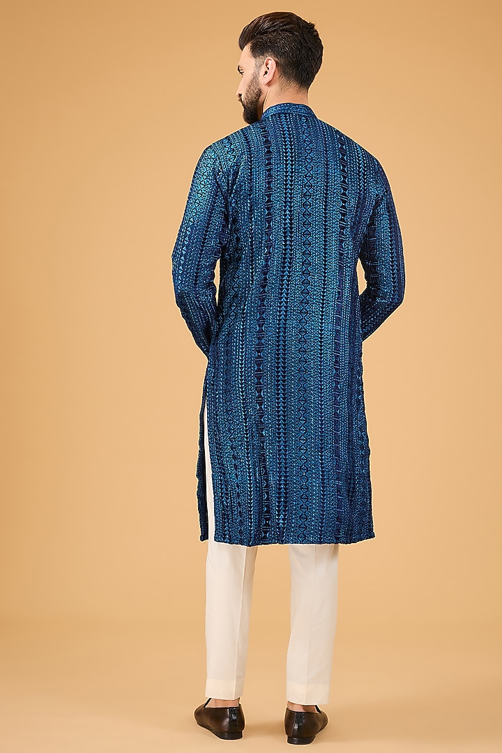 Blue Velvet Metallic Threadwork Kurta by Kasbah Clothing at Pernia's Pop Up Shop