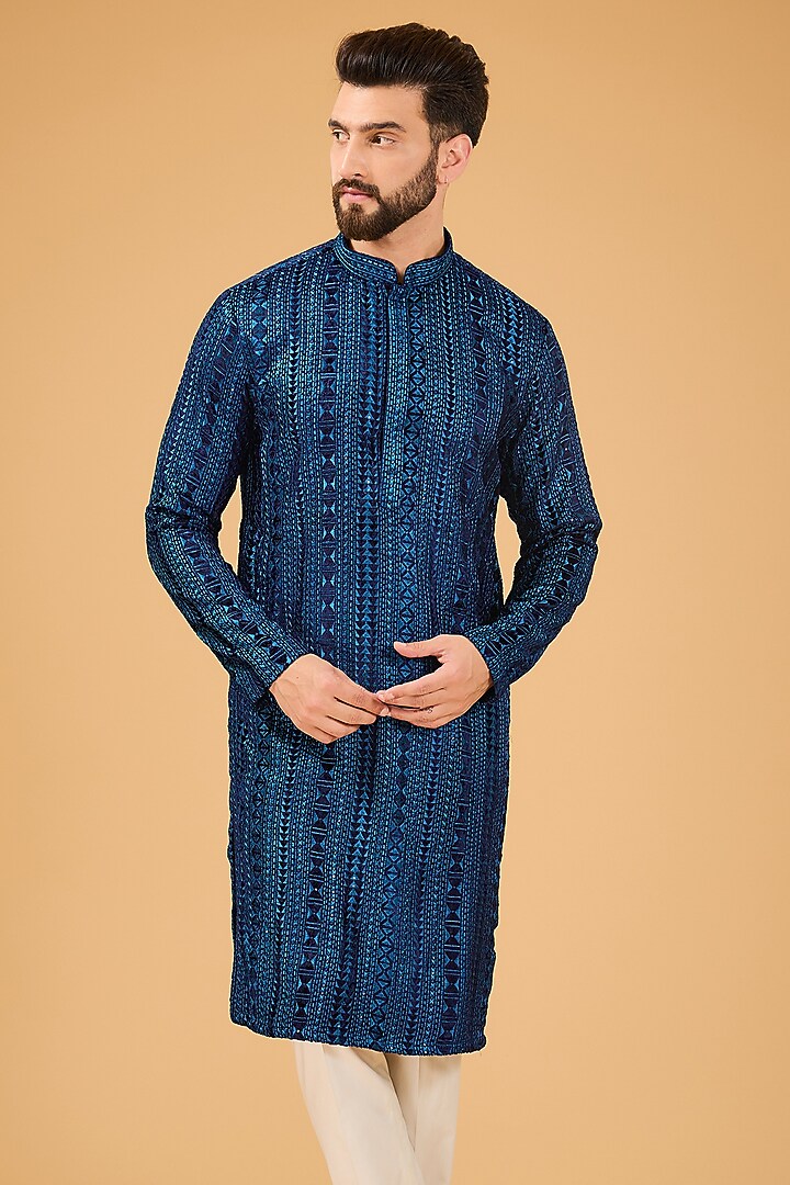 Blue Velvet Metallic Threadwork Kurta by Kasbah Clothing at Pernia's Pop Up Shop