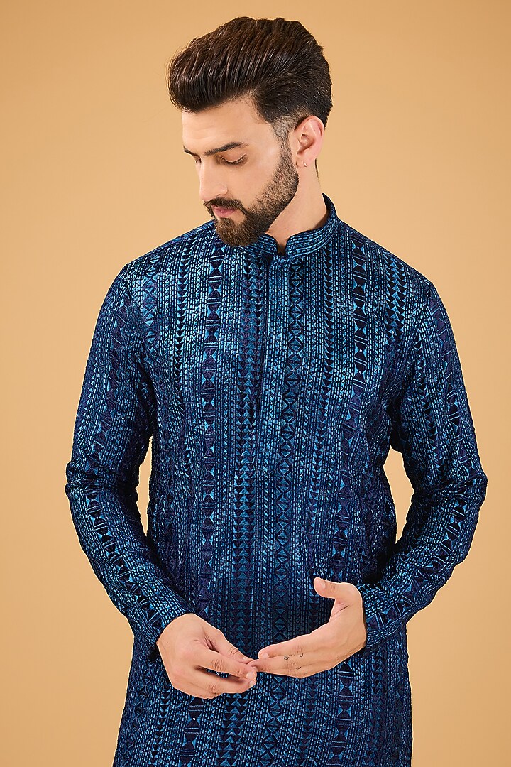 Blue Velvet Metallic Threadwork Kurta by Kasbah Clothing at Pernia's Pop Up Shop