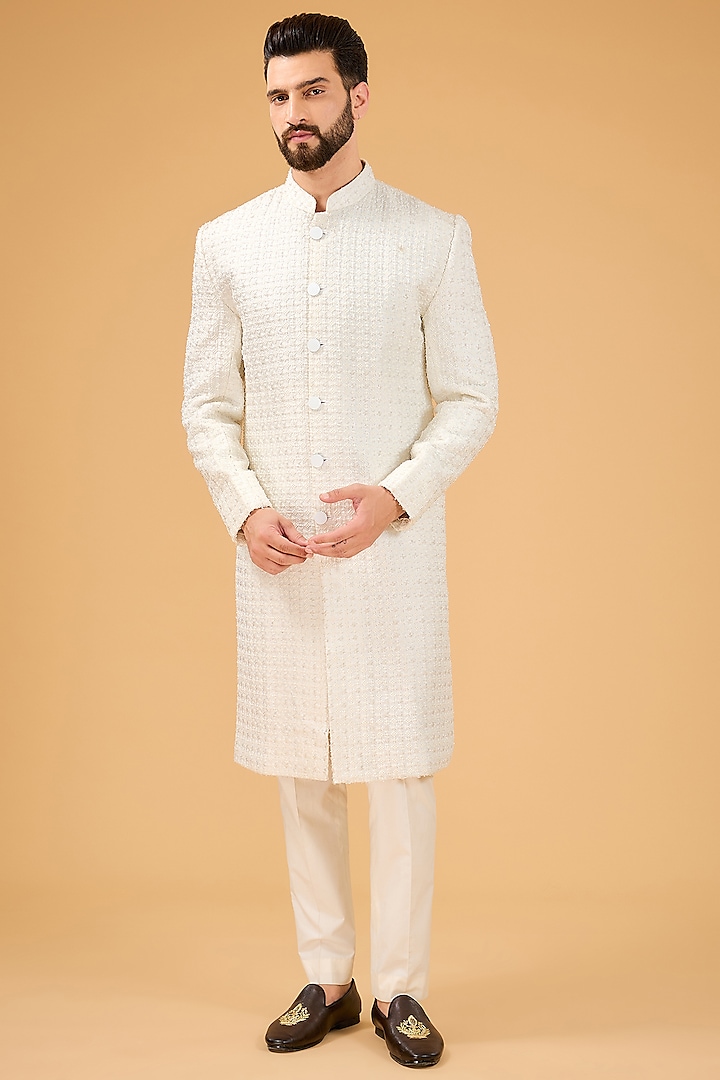 Ivory Silk Cutdana Work Wedding Sherwani  by Kasbah Clothing at Pernia's Pop Up Shop