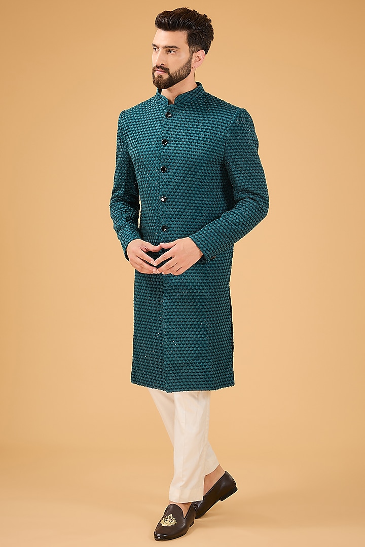 Teal Silk Cutdana Work Wedding Sherwani  by Kasbah Clothing at Pernia's Pop Up Shop