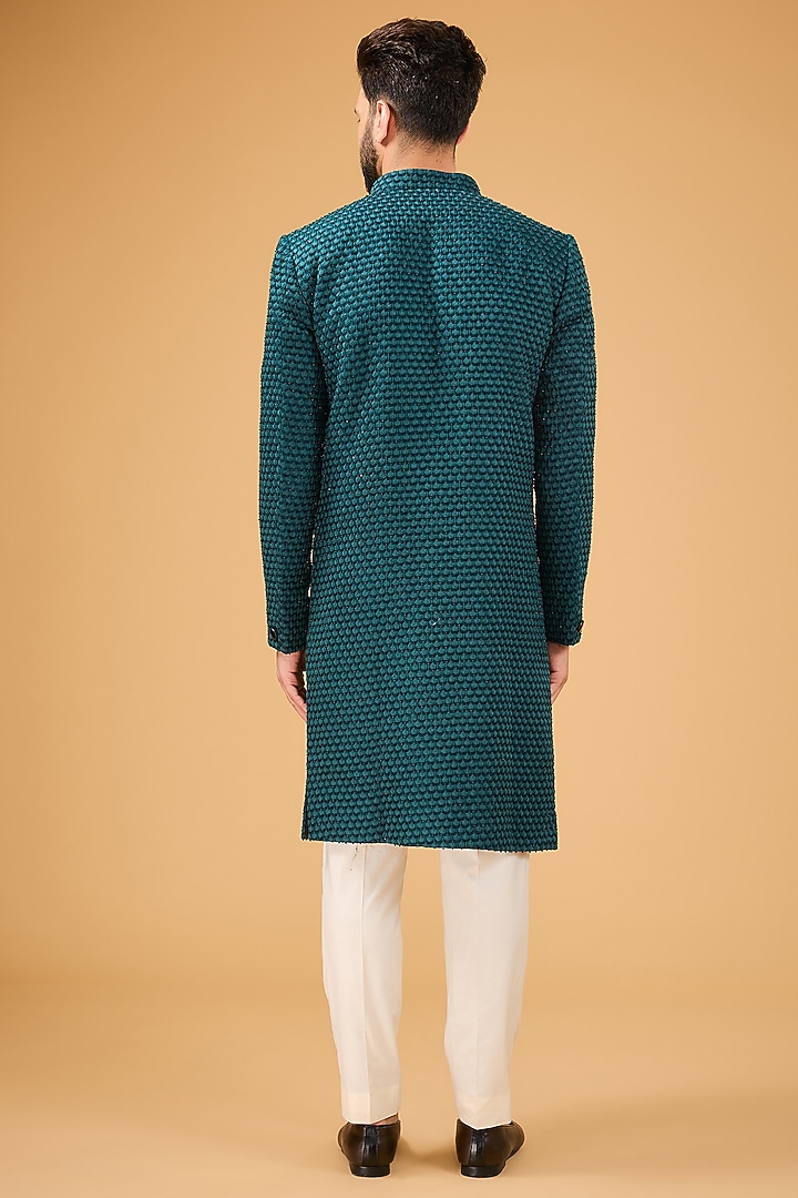 Teal Silk Cutdana Work Wedding Sherwani by Kasbah Clothing at Pernia's Pop Up Shop