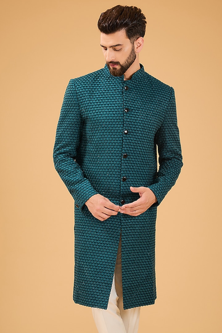 Teal Silk Cutdana Work Wedding Sherwani by Kasbah Clothing at Pernia's Pop Up Shop