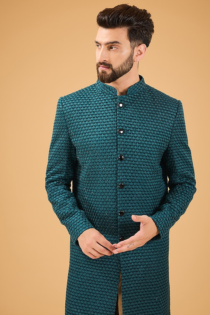 Teal Silk Cutdana Work Wedding Sherwani by Kasbah Clothing at Pernia's Pop Up Shop