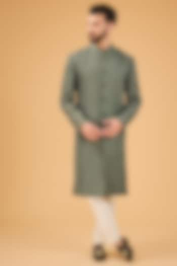 Military Green Silk Cutdana Work Sherwani by Kasbah Clothing