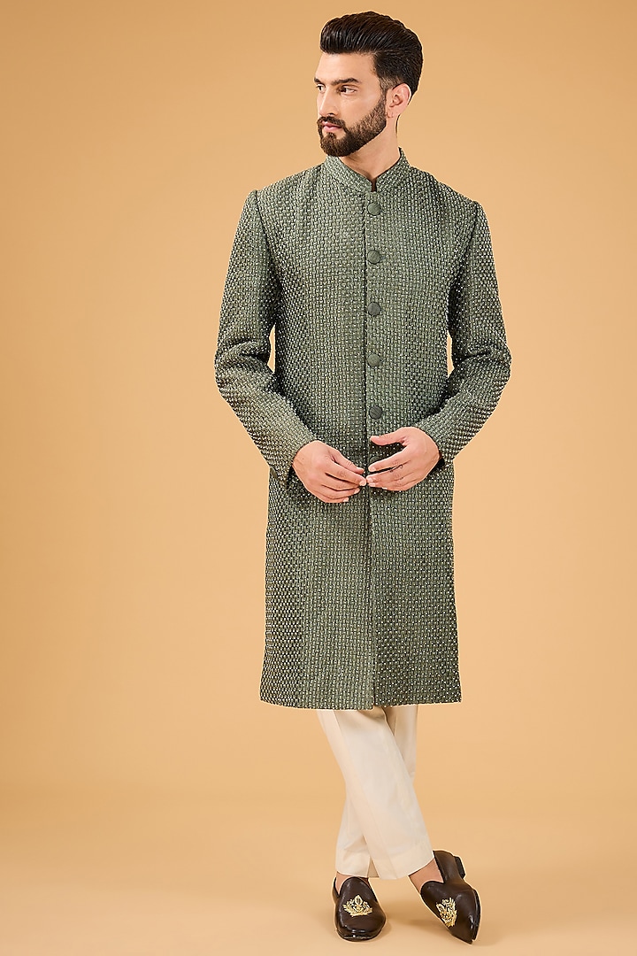 Military Green Silk Cutdana Work Sherwani by Kasbah Clothing