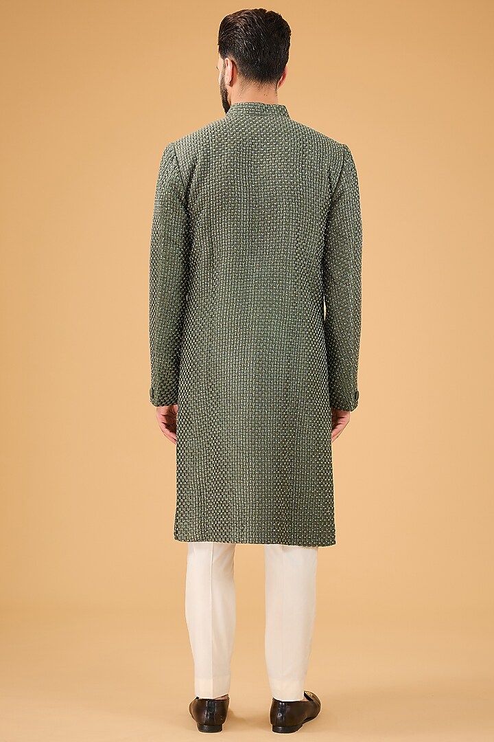 Military Green Silk Cutdana Work Wedding Sherwani by Kasbah Clothing at Pernia's Pop Up Shop